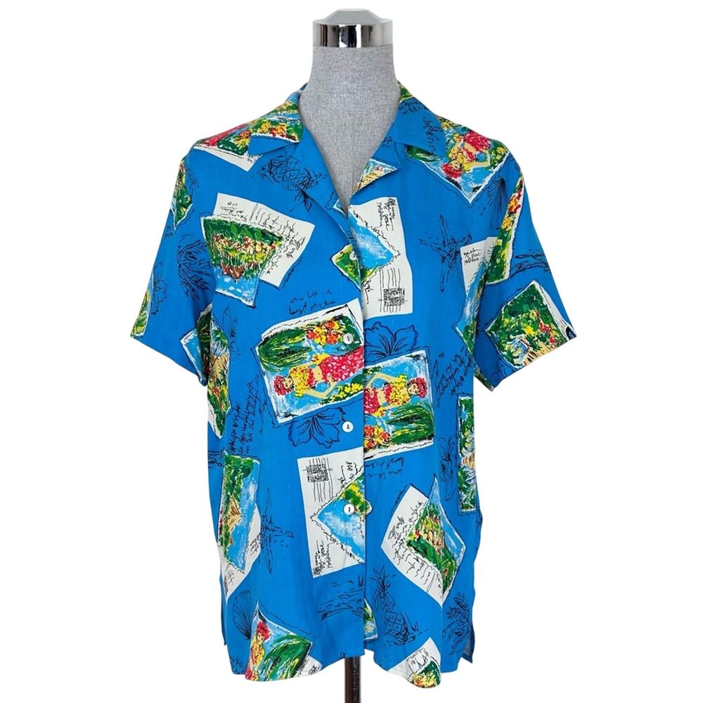 Vintage CLIO Vibrant Blue‎ Graphic Short Sleeve Button Down Shirt Size Medium